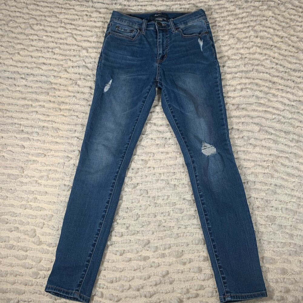 AERO WOMENS SIZE 2 SHORT BLUE DENIM JEANS PANTS SKINNY HIGH RISE STRETCH DISTRES